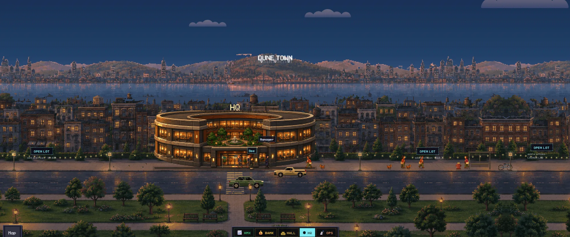 Pixel Prompt: a pixel-art town's main street at dusk, the ring headquarters lit, citizens walking the sidewalk